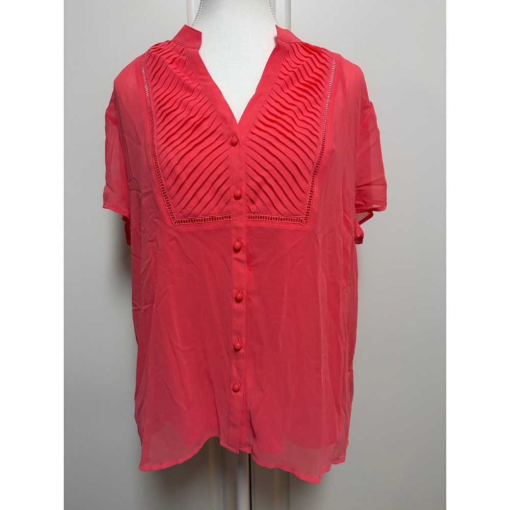 East 5th Women XL Calypso Coral Pleated Bib Button Front Blouse Short Sleeve NEW